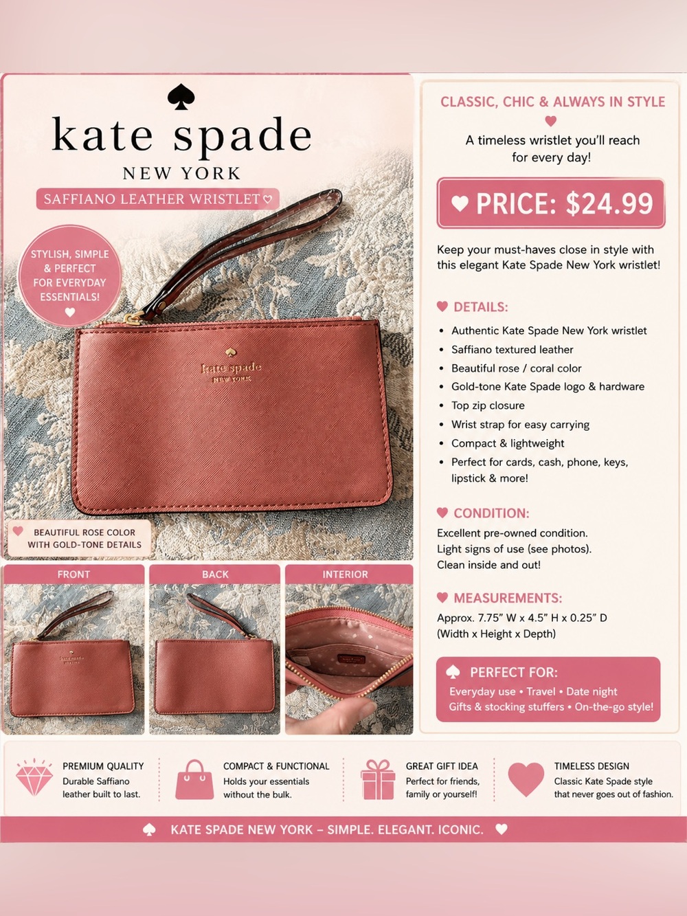 Kate Spade New York Saffiano Leather Wristlet with Gold Logo